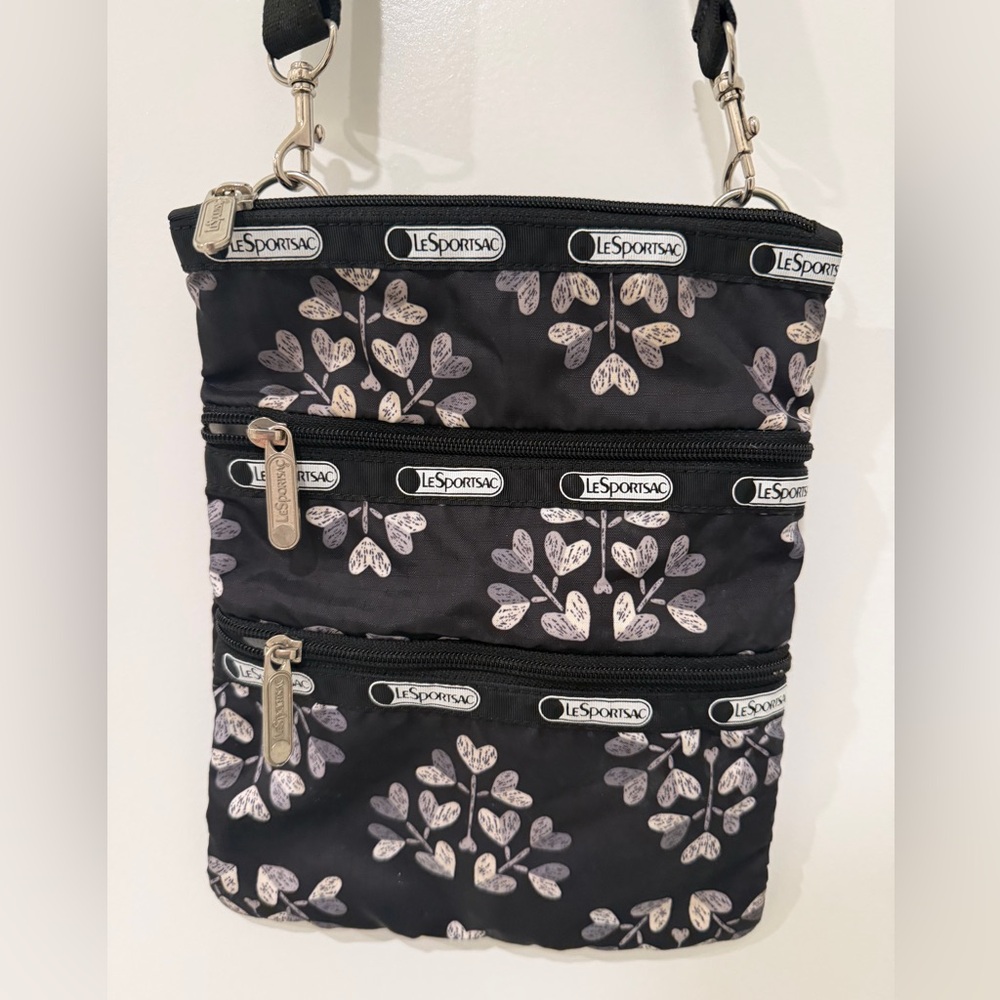 LeSportsac Classic Triple Zip Crossbody Black Heart Leaf Floral Print